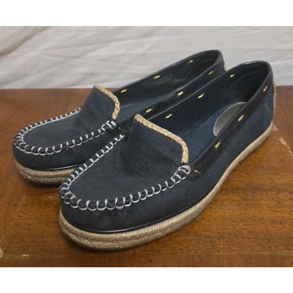 Cole Haan Loafers Boat Shoes Size 7.5 B Navy Blue Canvas Beige Detail